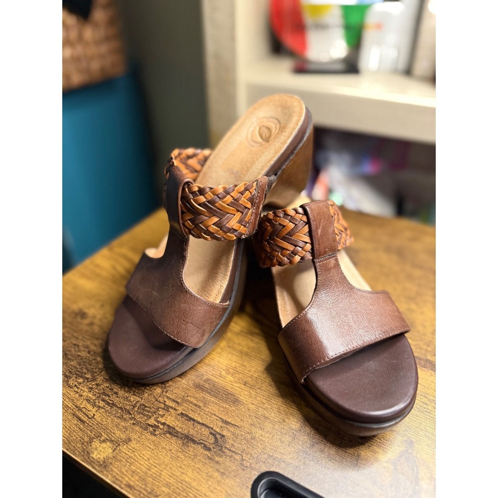 Nurture Wedge Joplin Sandals T-Strap Braided Leather Brown  Comfortable‎ Shoes